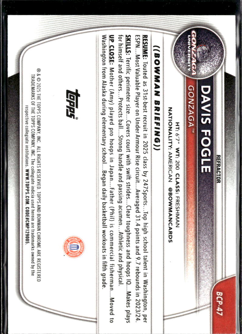 Davis Fogle 2025 Bowman Chrome 1st Refractor 420/499 Gonzaga Bulldogs