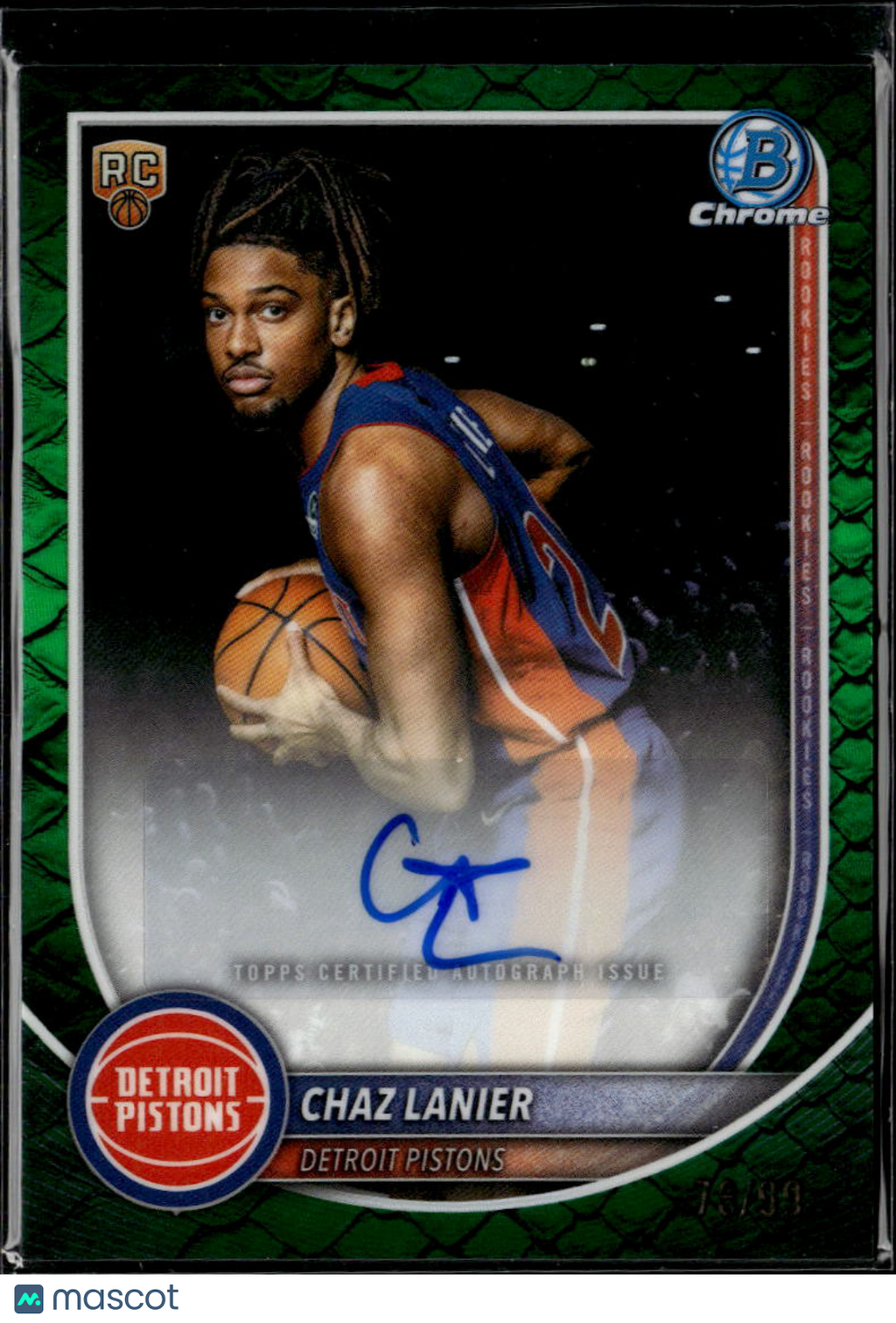 Chaz Lanier 2025 Bowman Chrome Auto Autograph RC Green /99 Detroit Pistons
