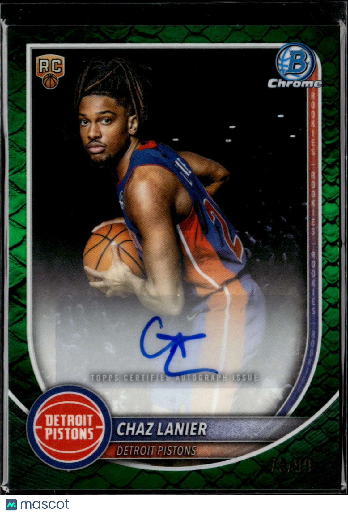 Chaz Lanier 2025 Bowman Chrome Auto Autograph RC Green /99 Detroit Pistons