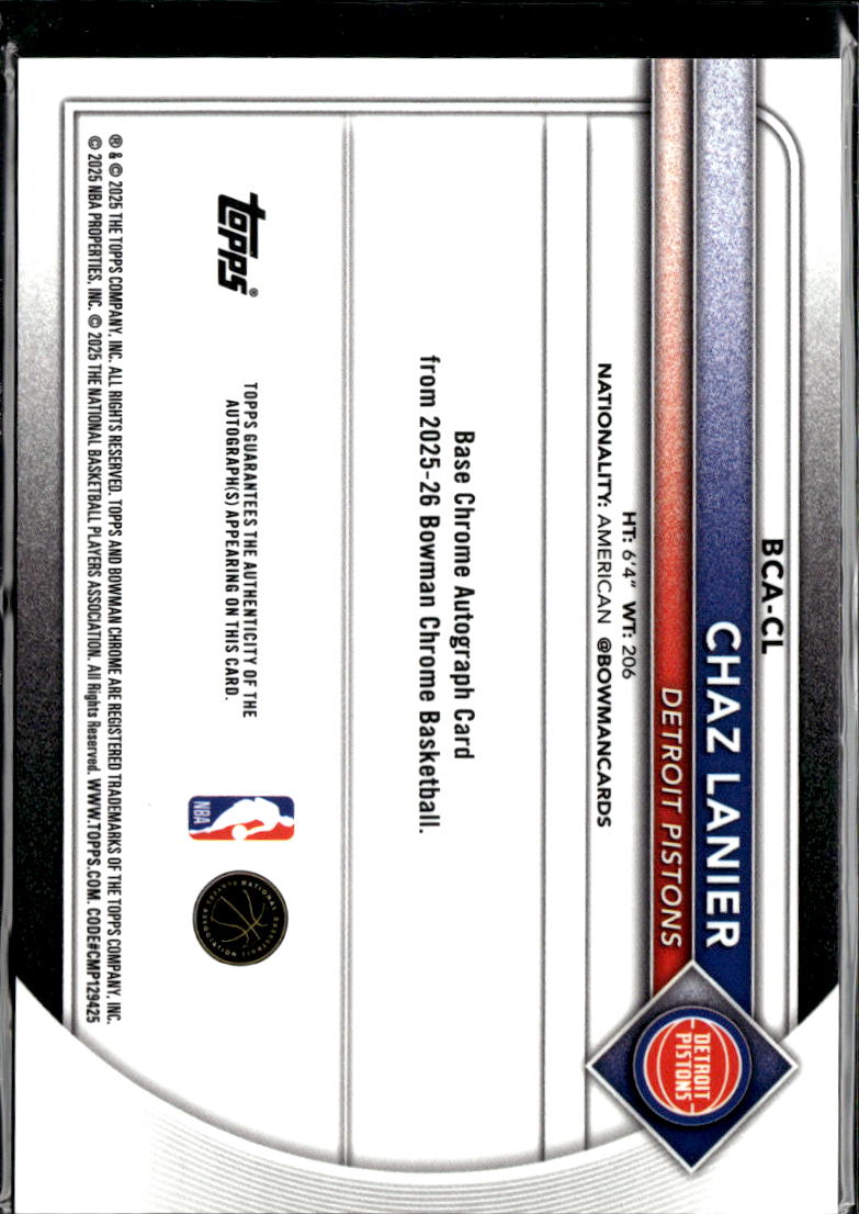 Chaz Lanier 2025 Bowman Chrome Auto Autograph RC Green /99 Detroit Pistons