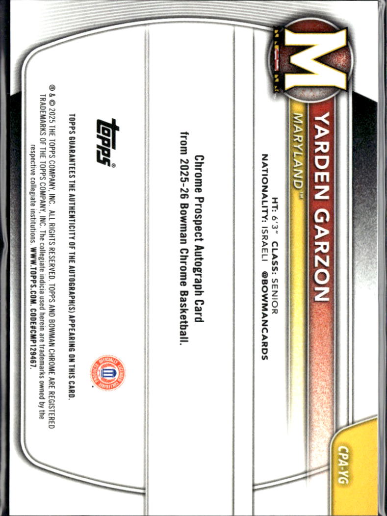 Yarden Garzon 2025 Bowman Chrome 1st Auto Autograph RC 61/100 Maryland Terrapins