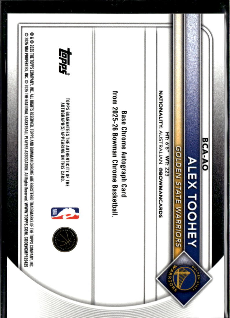 Alex Toohey 2025 Bowman Chrome Auto Autograph RC Golden State Warriors