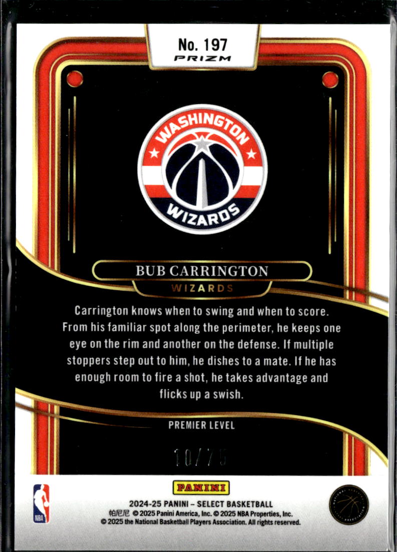 Bub Carrington 2024-25 Select White Disco Prizm Rookie 10/75 Washington Wizards