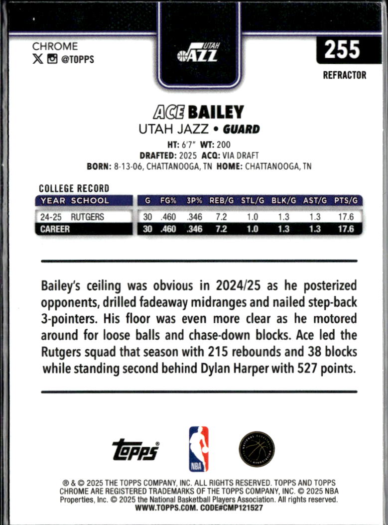 Ace Bailey 2025 Topps Chrome RC Rookie Refractor Utah Jazz