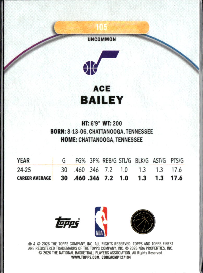 Ace Bailey 2025-26 Topps Finest Blue Refractor RC Rookie 122/150 Utah Jazz