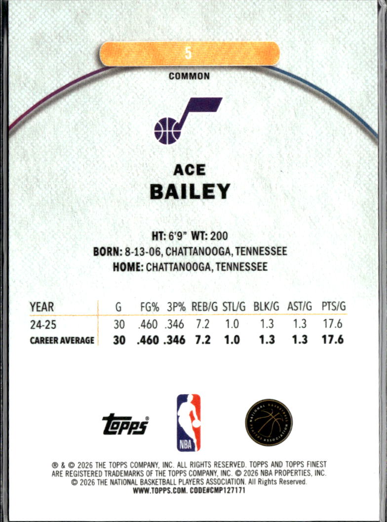 Ace Bailey 2025-26 Topps Finest Purple Refractor RC 133/150 Utah Jazz
