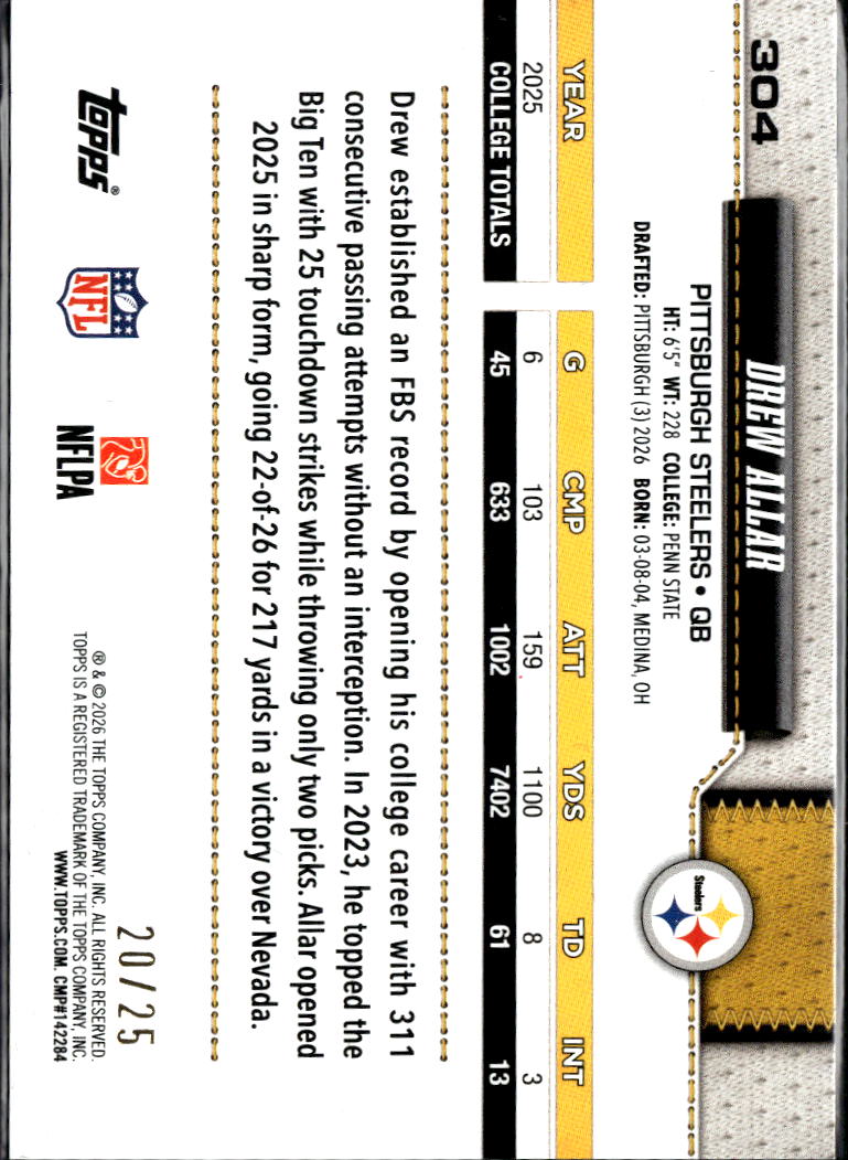 Drew Allar 2026 Topps Orange Leather Rookie RC 20/25 Pittsburgh Steelers