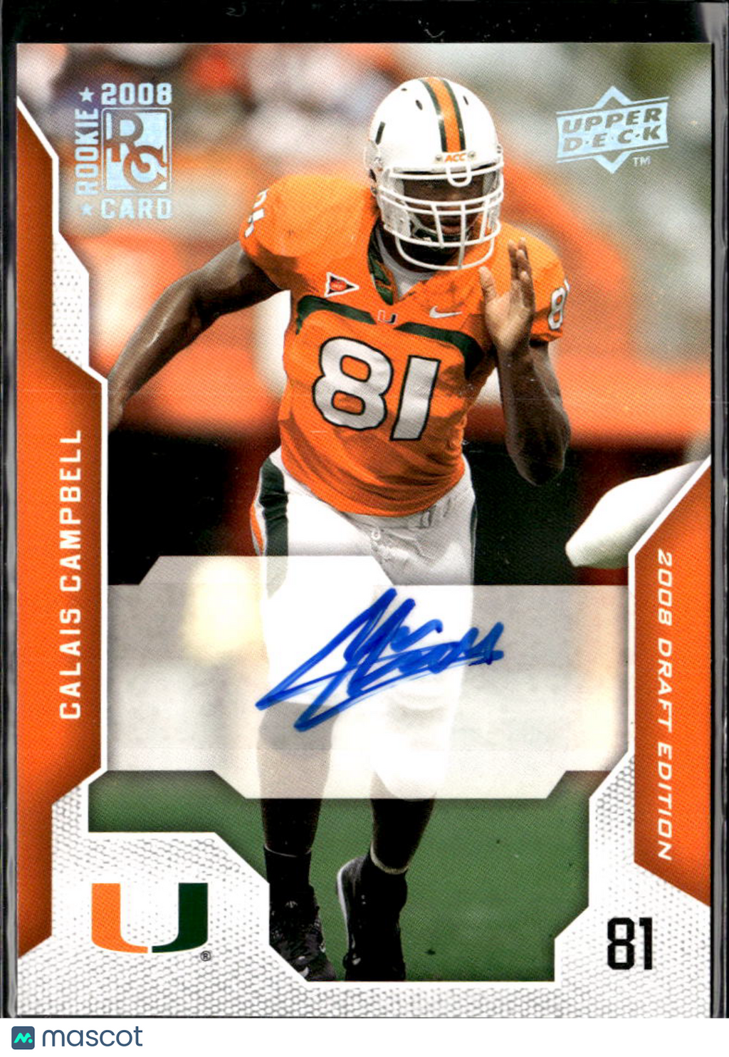 Calais Campbell 2008 Upper Deck Auto Autograph RC Miami Hurricanes