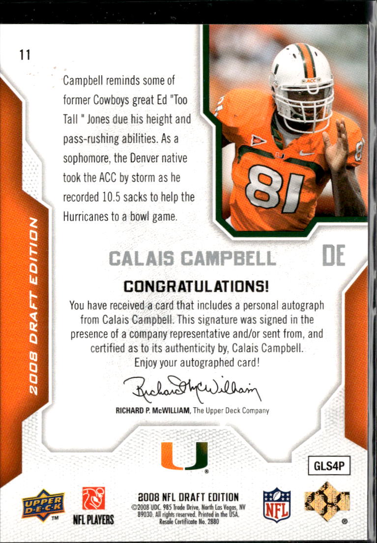 Calais Campbell 2008 Upper Deck Auto Autograph RC Miami Hurricanes