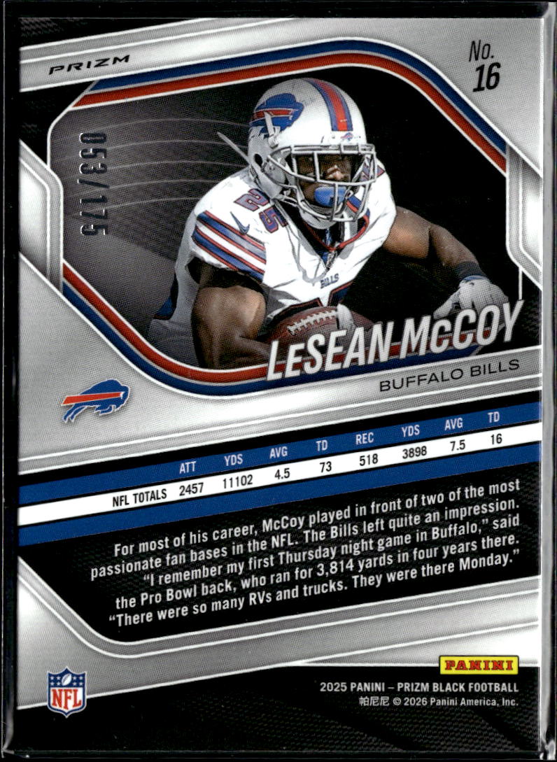 LeSean McCoy 2025 Prizm Black White Prizm 53/175 Buffalo Bills