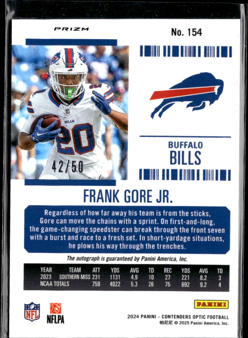 Frank Gore Jr. 2024 Contenders Optic Auto Autograph RC 42/50 Buffalo Bills