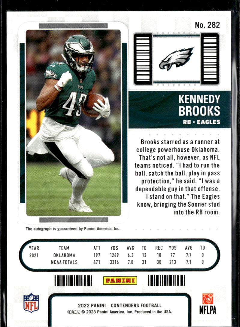 Kennedy Brooks 2022 Contenders Auto Autograph RC /99 Sooners Philadelphia Eagles