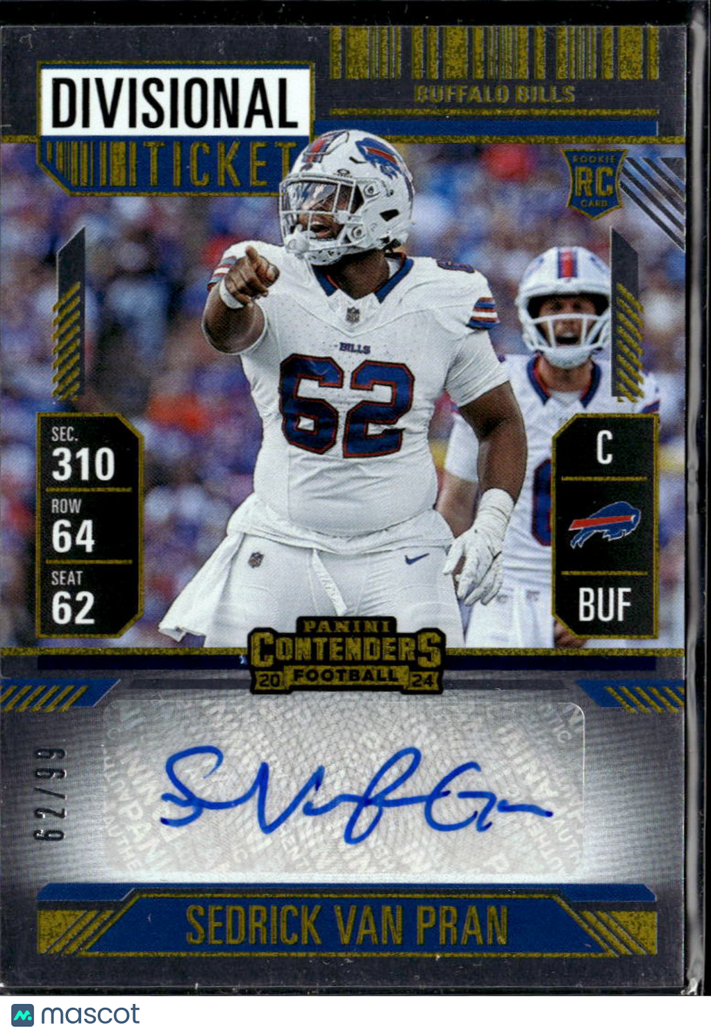 Sedrick Van Pran 2024 Contenders Auto Autograph RC 62/99 Buffalo Bills