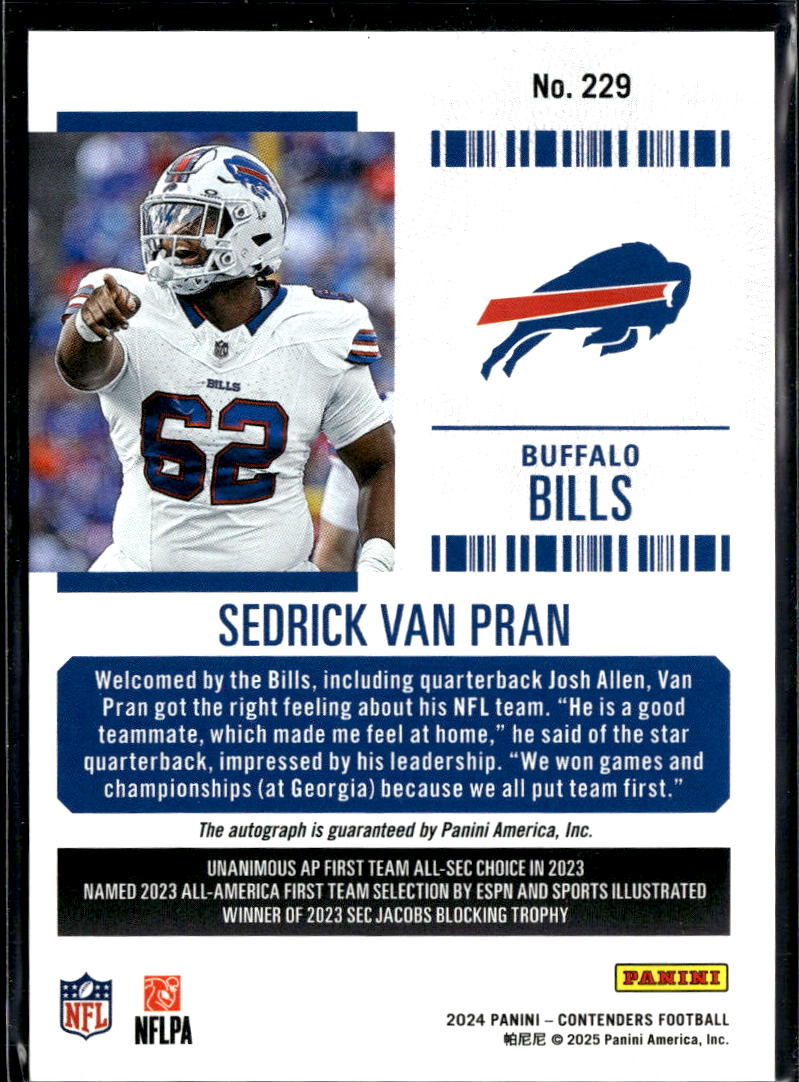 Sedrick Van Pran 2024 Contenders Auto Autograph RC 62/99 Buffalo Bills