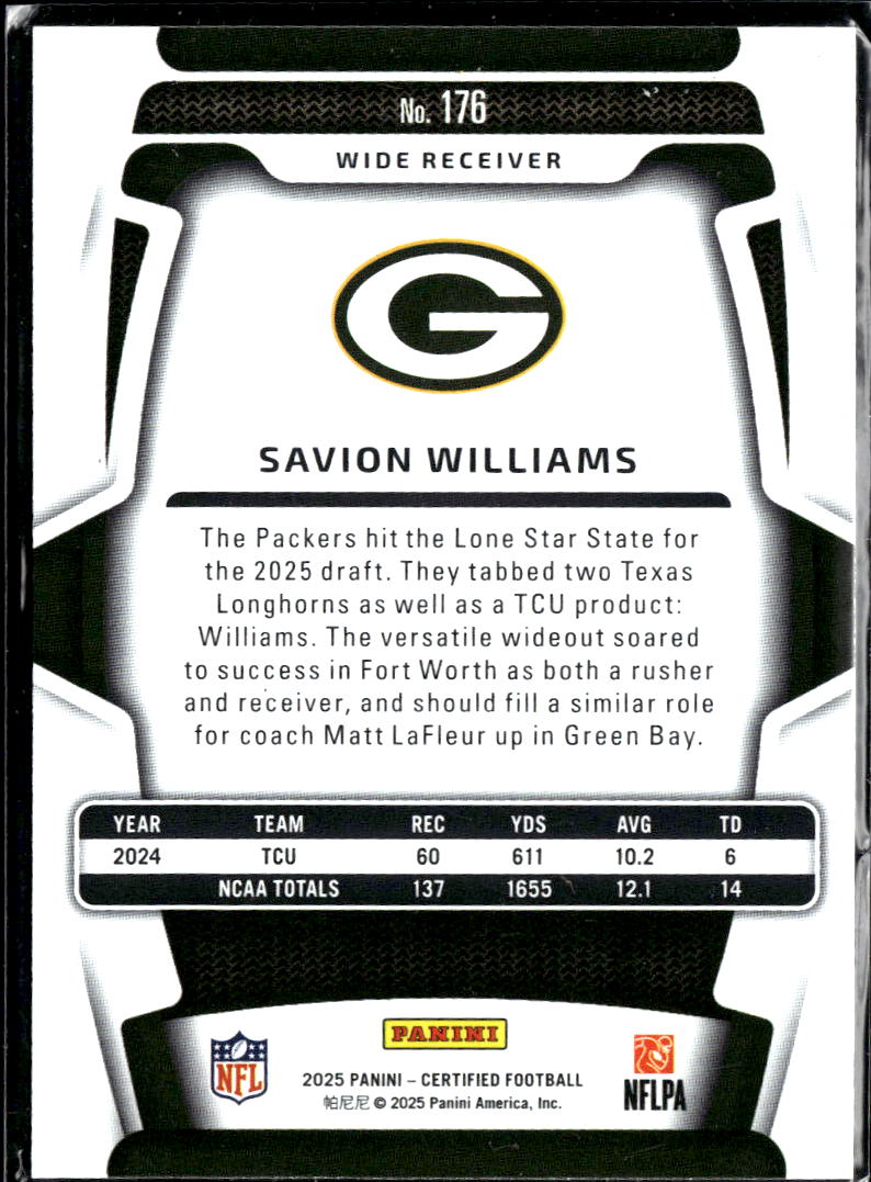 Savion Williams 2025 Certified RC Rookie 284/399 Green Bay Packers