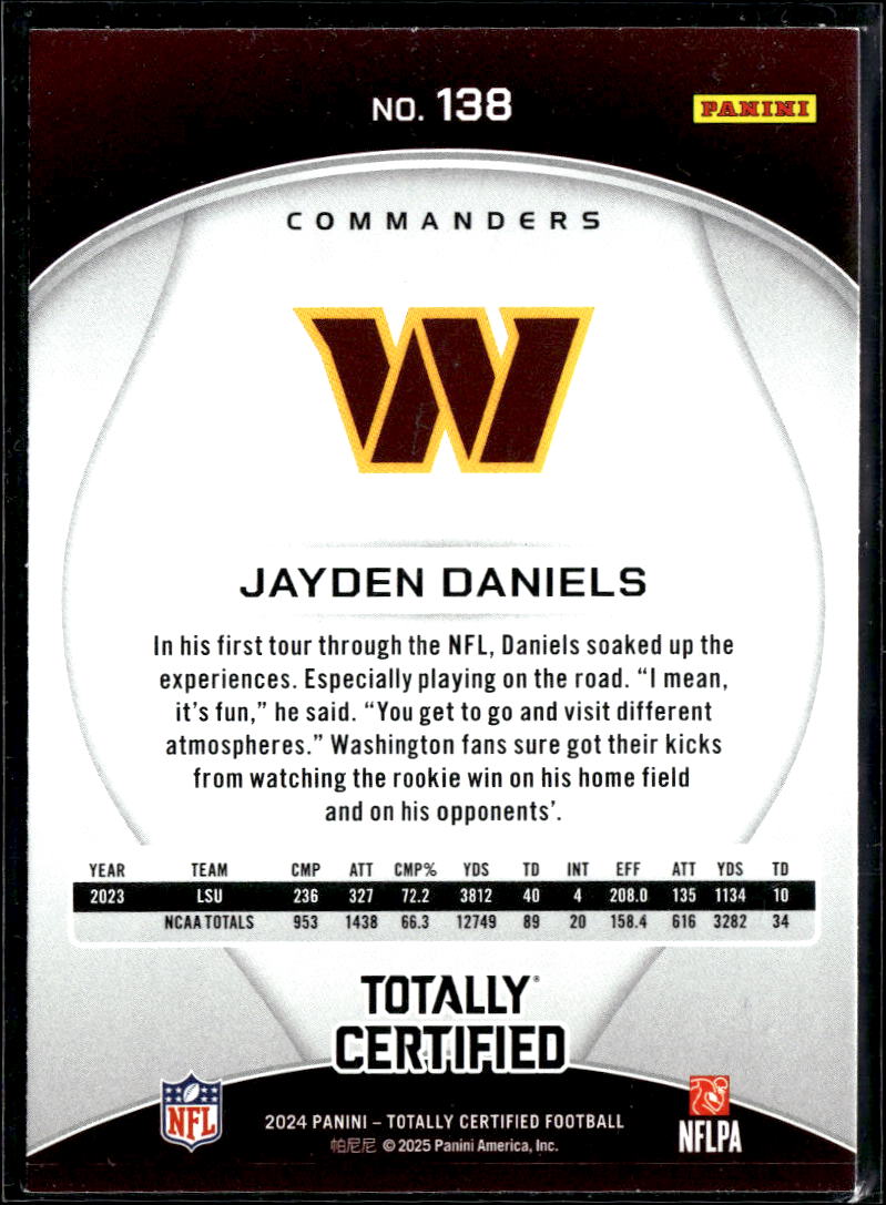 Jayden Daniels 2024 Totally Certified Red Rookie RC Washington Commanders