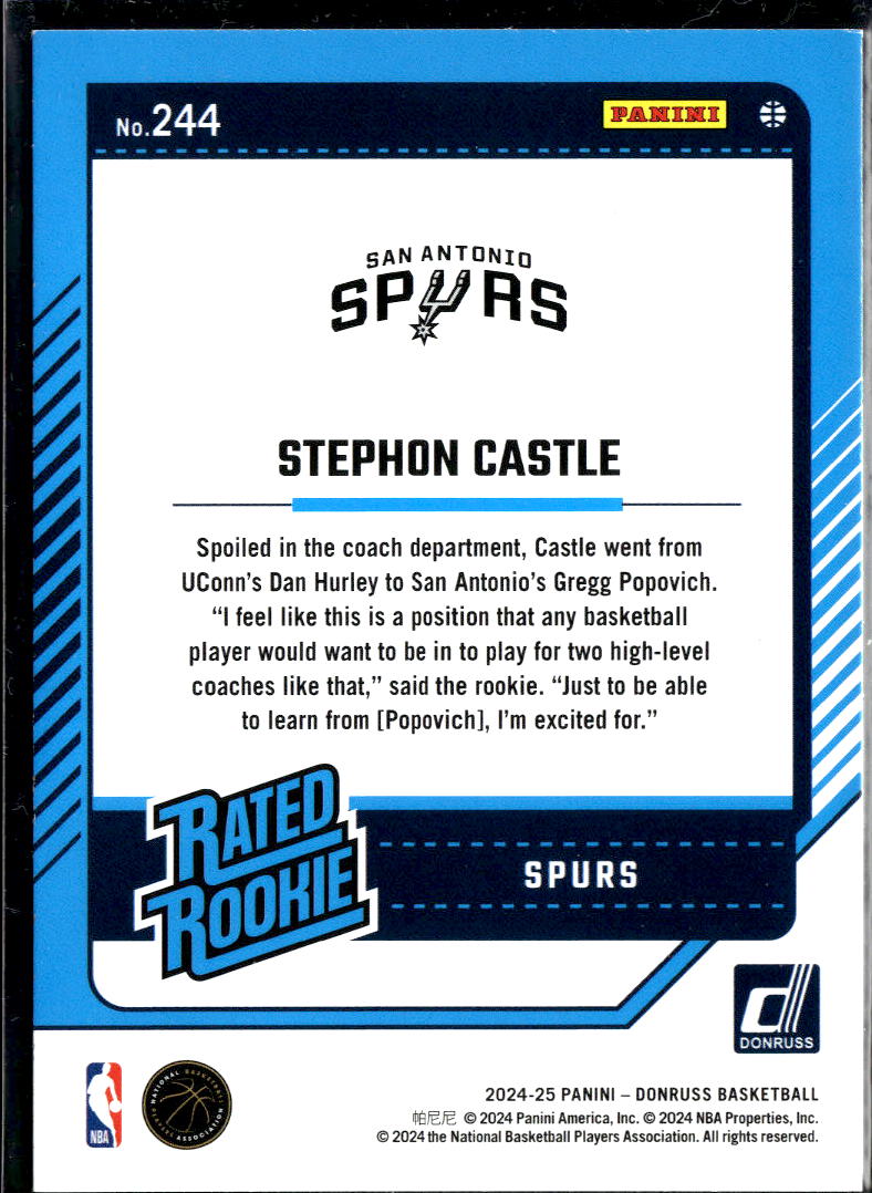 Stephon Castle 2024 Donruss Green Laser Rated Rookie San Antonio Spurs