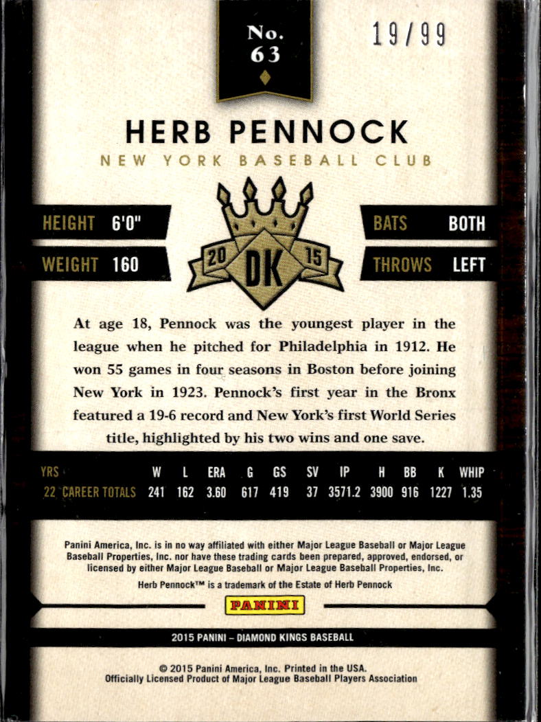 Herb Pennock 2015 Panini Diamond Kings 19/99 New York Yankees