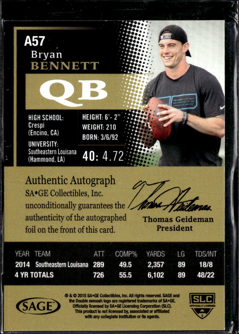 Bryan Bennett 2015 SAGE HIT Auto Autograph RC Southeastern Louisiana Lions