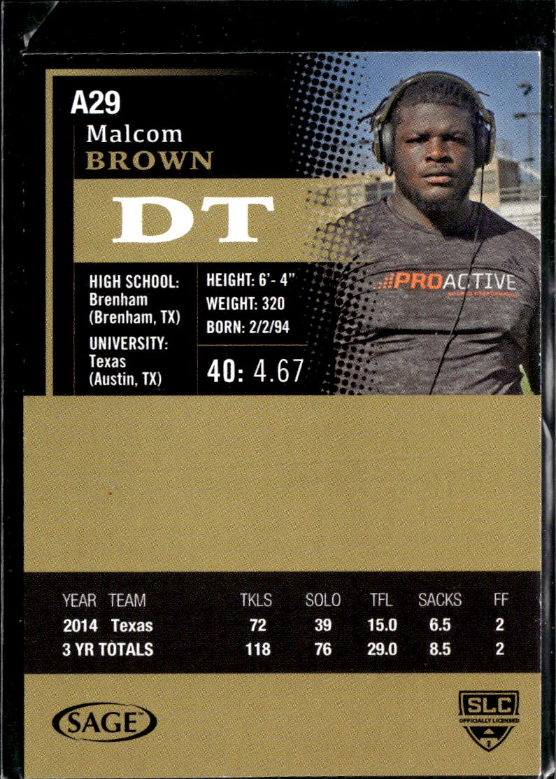 Malcom Brown 2015 SAGE HIT Auto Autograph RC Texas Longhorns