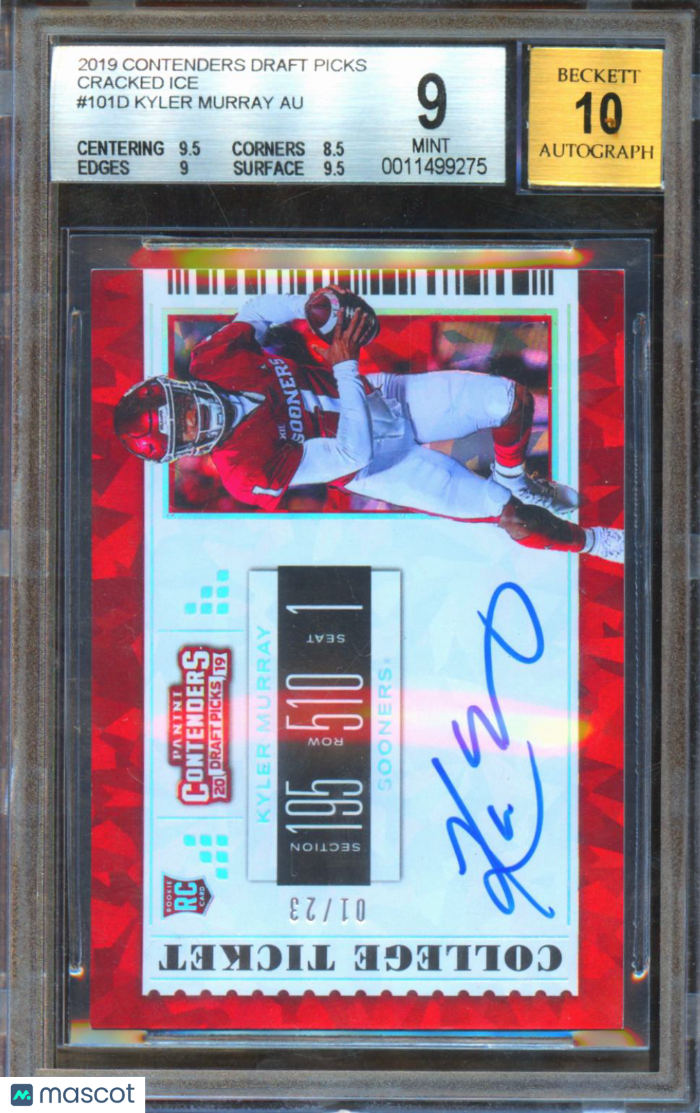 Kyler Murray 2019 Contenders Auto Autograph RC Cracked Ice Sooners 1/23 BGS 9