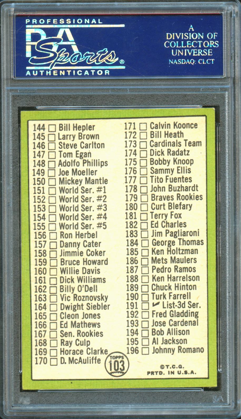 Mickey Mantle Checklist 1967 Topps 110-196 New York Yankees #103 PSA 5