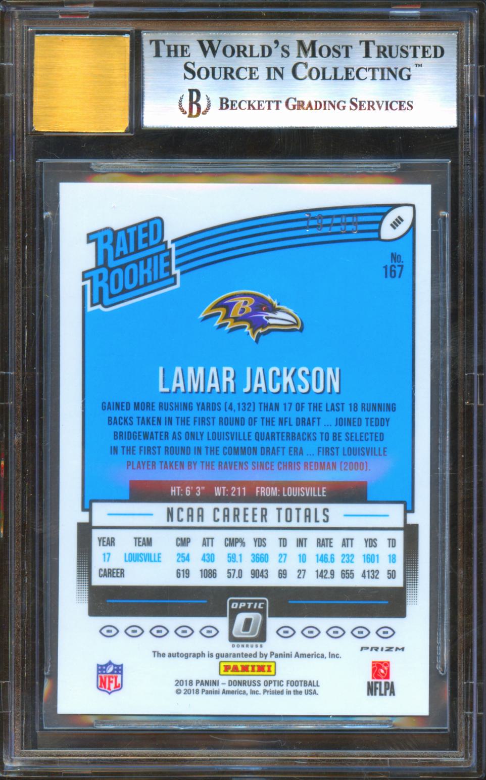 Lamar Jackson 2018 Optic Rated Rookie Auto Autograph RC HOLO Ravens 79/99 BGS 9