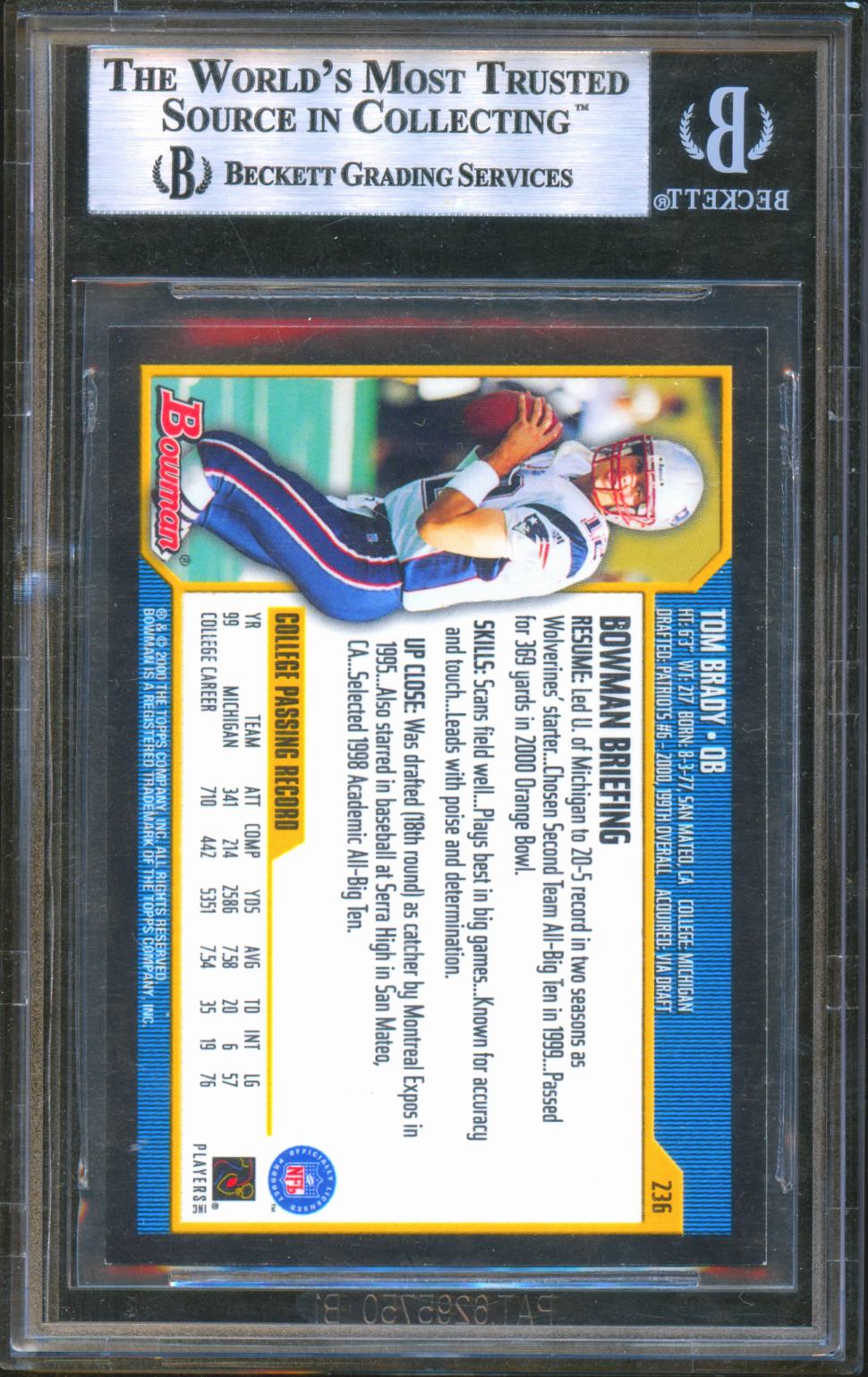 Tom Brady 2000 Bowman Rookie Card RC New England Patriots #236 BGS 9
