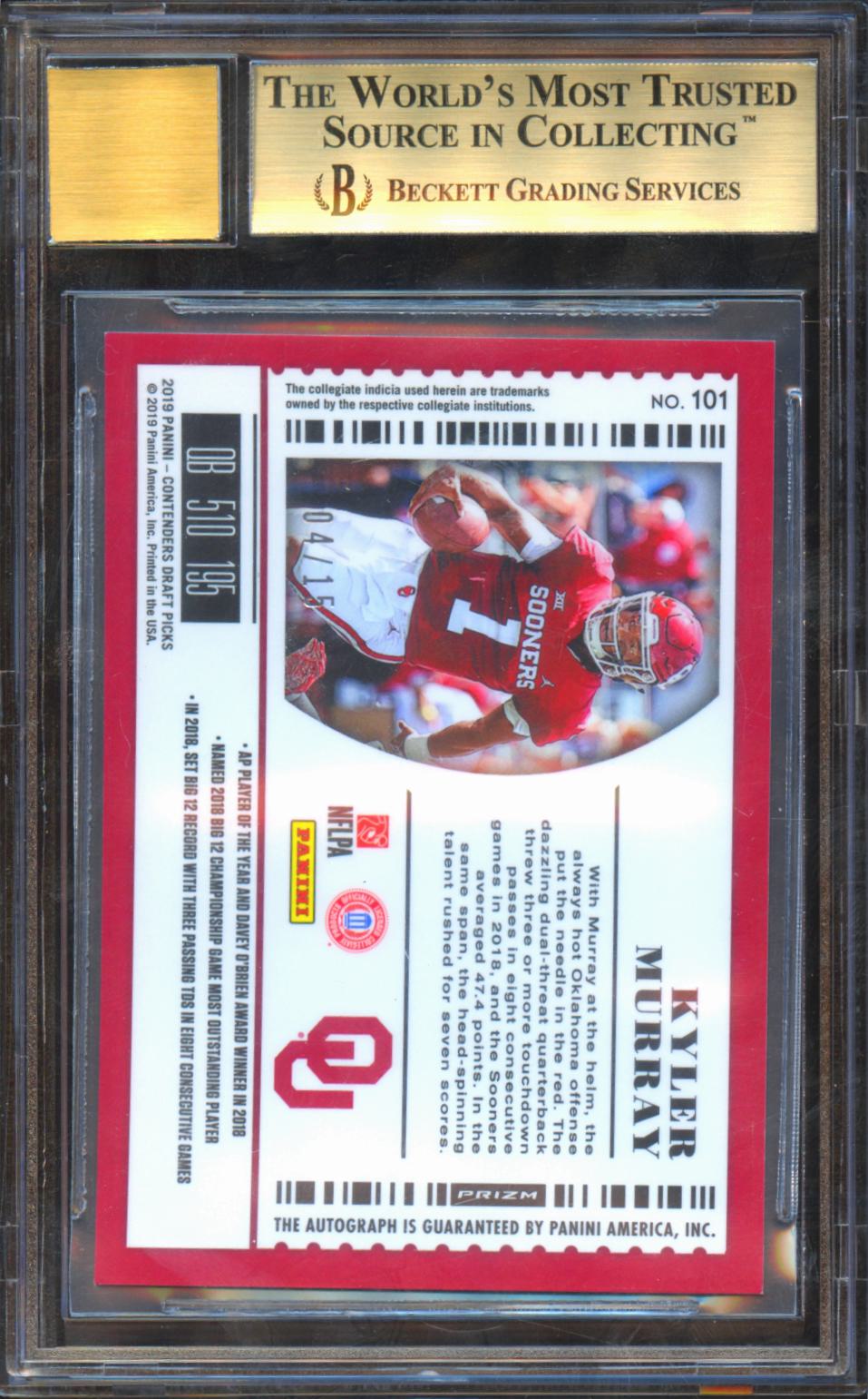 Kyler Murray 2019 Contenders Optic Mojo Auto Autograph RC Sooners 4/15 BGS 9.5