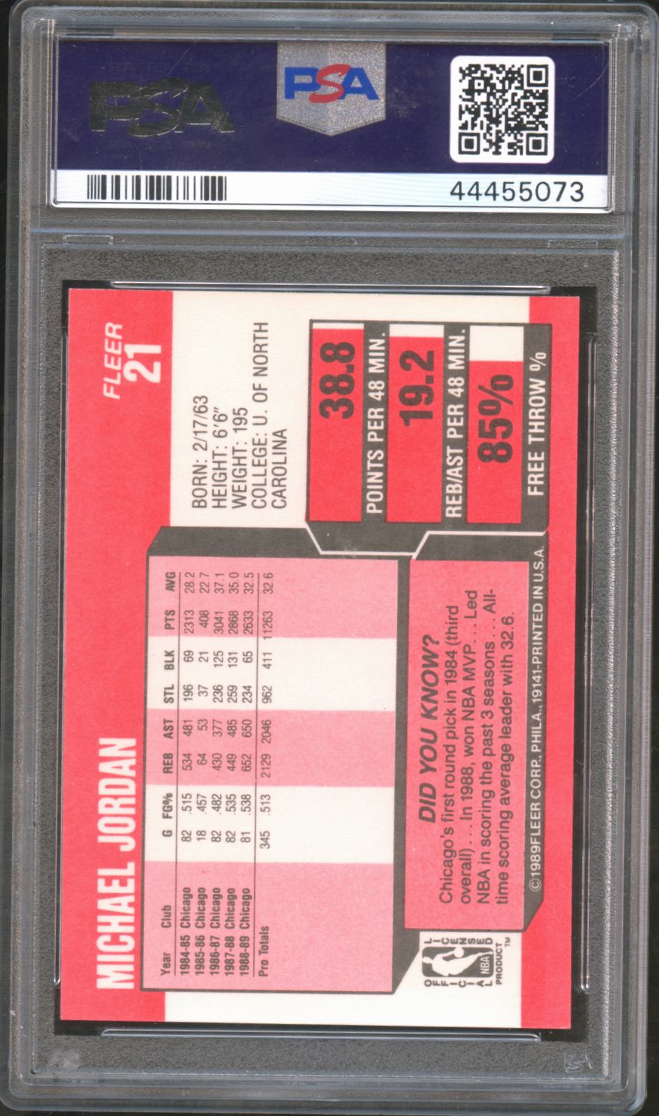 Michael Jordan 1989 Fleer Basketball Card #21 Chicago Bulls PSA 10