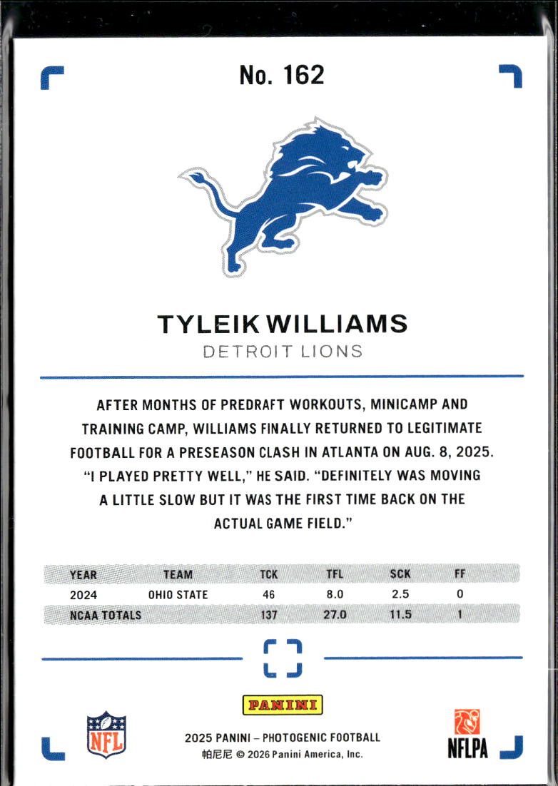 Tyleik Williams 2025 Photogenic Red RC Rookie 77/125 Detroit Lions