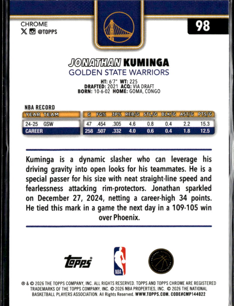 Jonathan Kuminga 2025-26 Topps Chrome Pink Wave Refractor /349 State Warriors