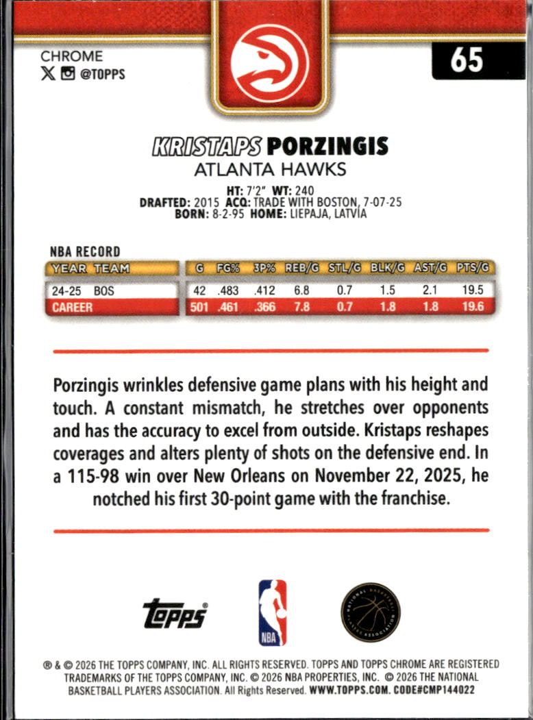 Kristaps Porzingis 2025-26 Topps Chrome Purple RayWave 60/75 Atlanta Hawks