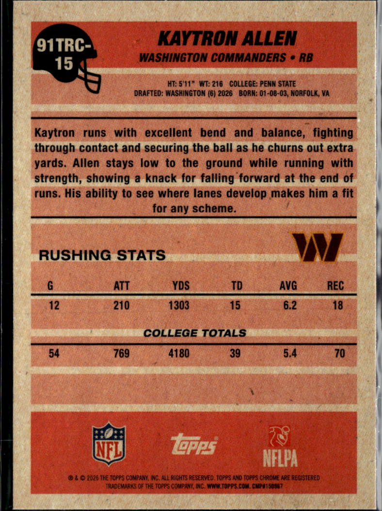 Kaytron Allen 2026 Topps Chrome '91 Silver Pack RC Washington Commanders