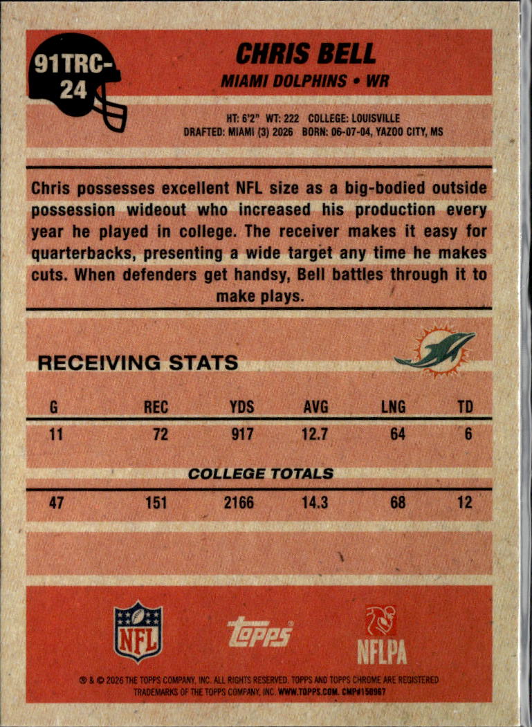 Chris Bell 2026 Topps Chrome '91 Silver Pack RC Miami Dolphins