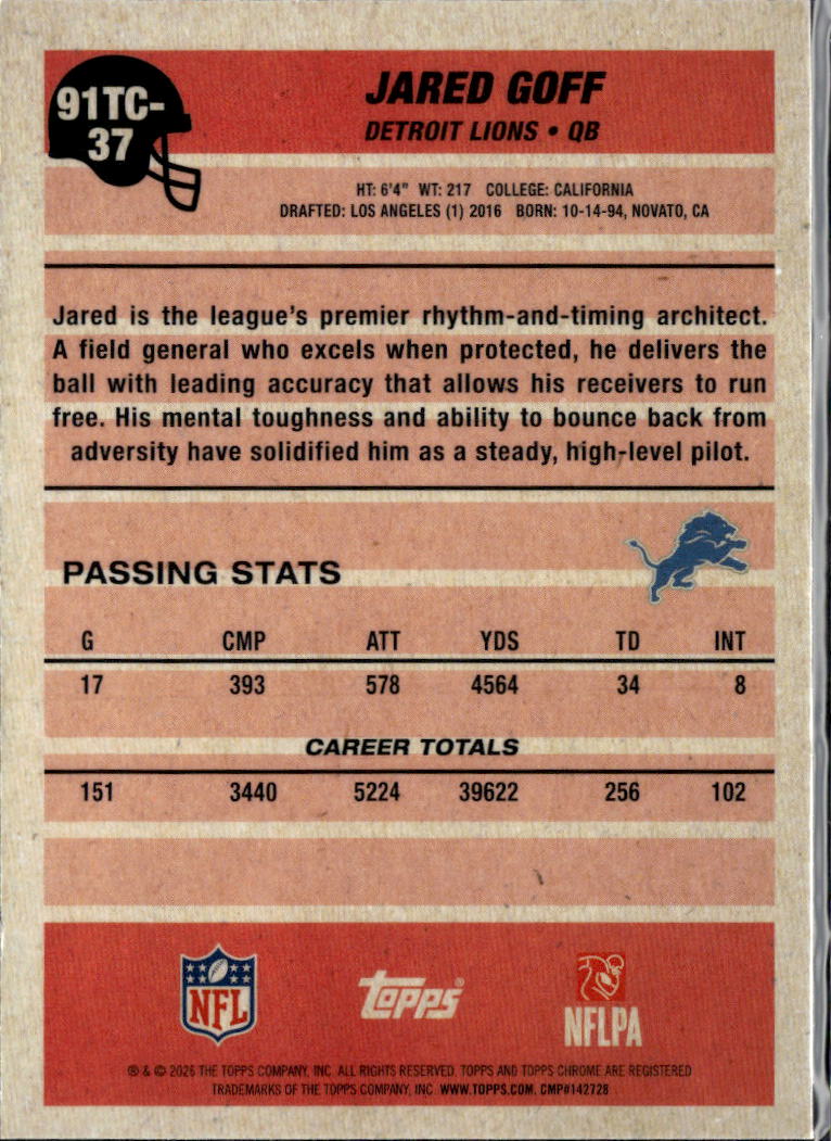 Jared Goff 2026 Topps Chrome '91 Silver Pack Detroit Lions