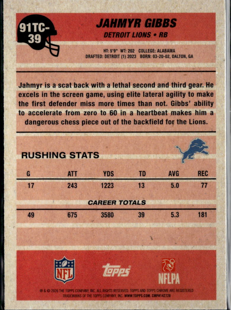 Jahmyr Gibbs 2026 Topps Chrome '91 Silver Pack Detroit Lions