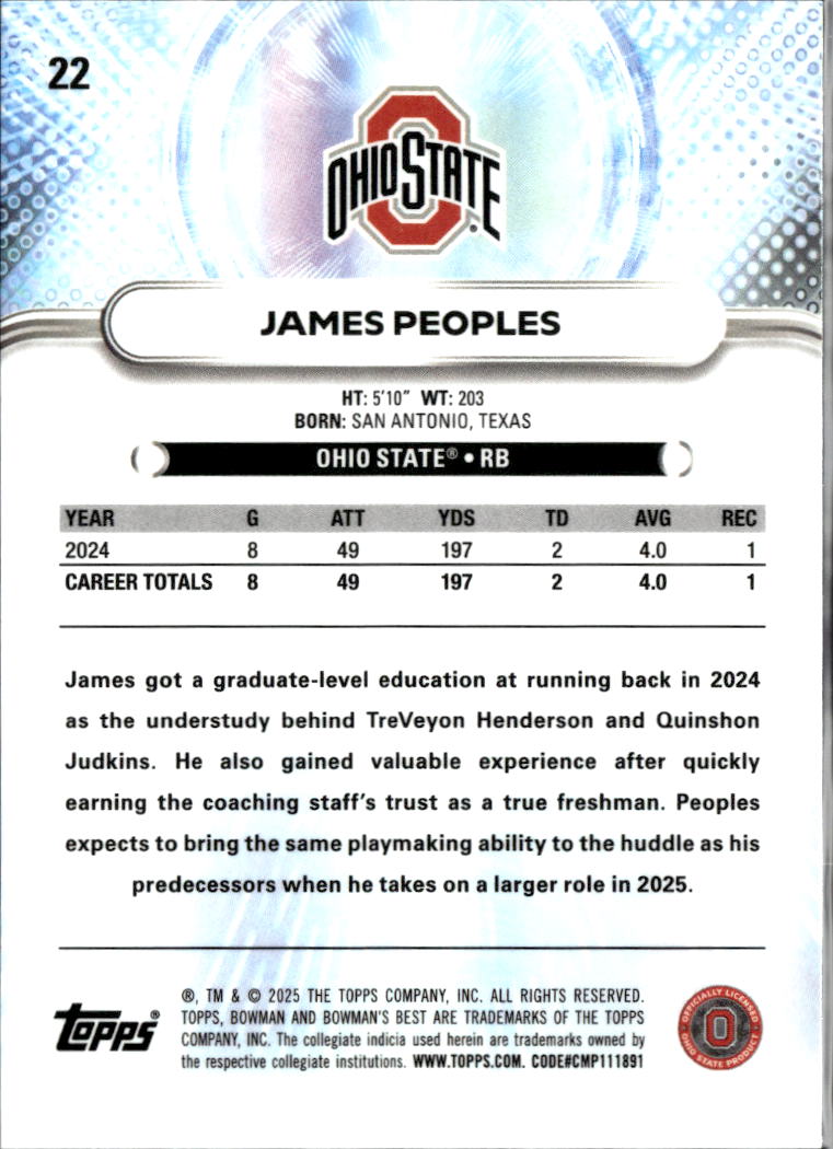 James Peoples 2025 Bowman's Best Aqua Lava Refractor 86/199 Ohio State Buckeyes