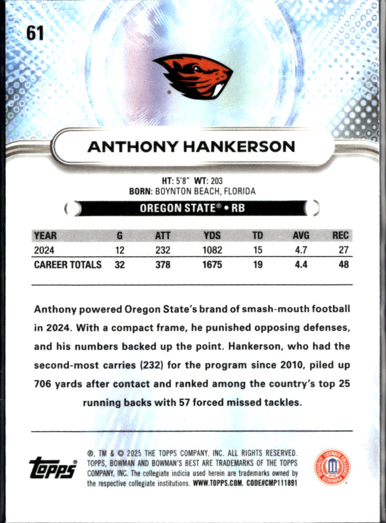 Anthony Hankerson 2025 Bowman's Best Aqua Lava RC 98/199 Oregon State Beavers