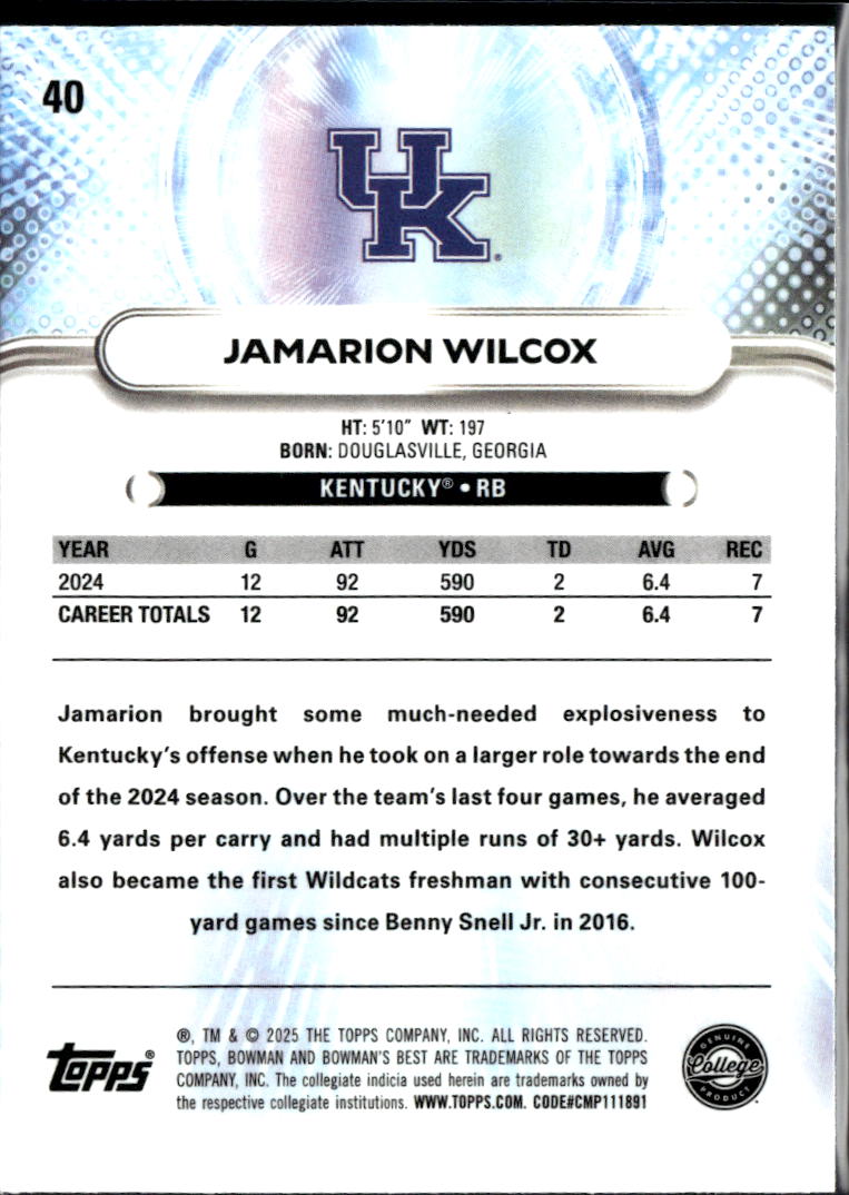 Jamarion Wilcox 2025 Bowman's Best Blue Refractor RC 130/150 Kentucky Wildcats