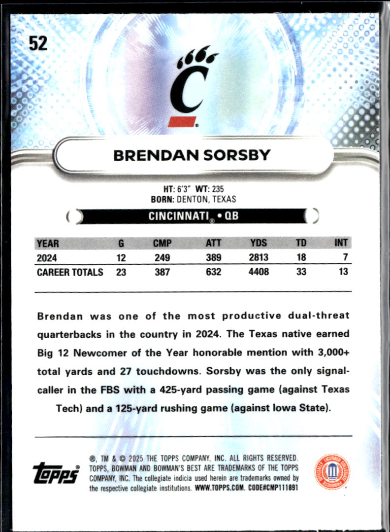 Brendan Sorsby 2025 Bowman's Best Pink Refractor RC 132/175 Cincinnati Bearcats