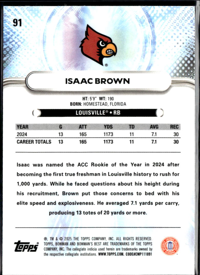 Isaac Brown 2025 Bowman's Best Pink Refractor RC 134 /175 Louisville Cardinals