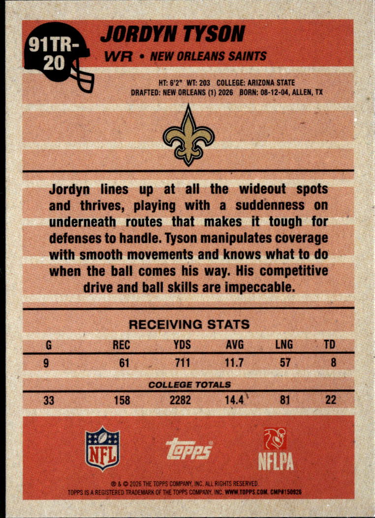 Jordyn Tyson 2026 Topps Silver Crackle Rookie RC  New Orleans Saints