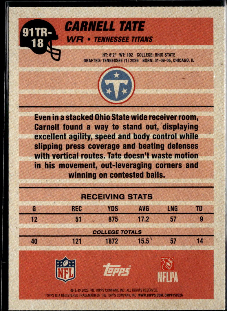 Carnell Tate 2026 Topps Silver Crackle Rookie RC Tennessee Titans