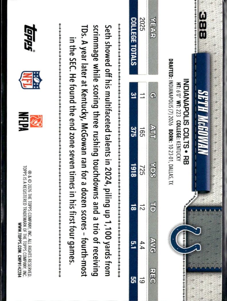 Seth McGowan 2026 Topps Sand Glitter Rookie RC Indianapolis Colts