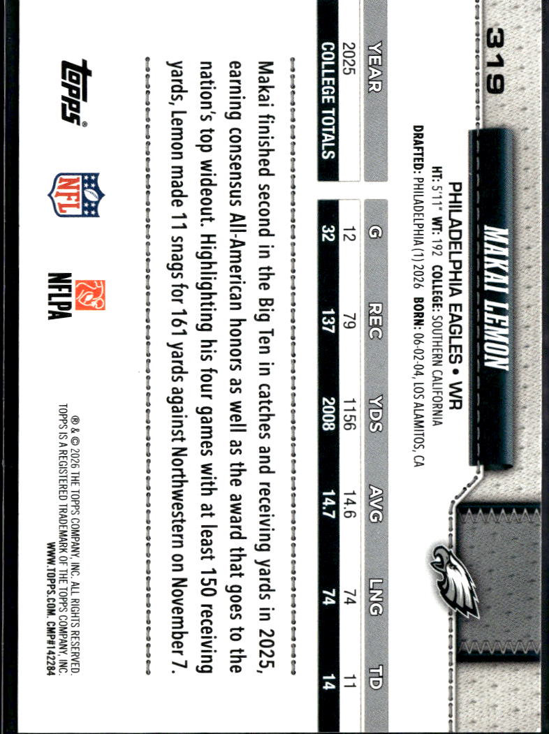 Makai Lemon 2026 Topps Sand Glitter Rookie RC Philadelphia Eagles