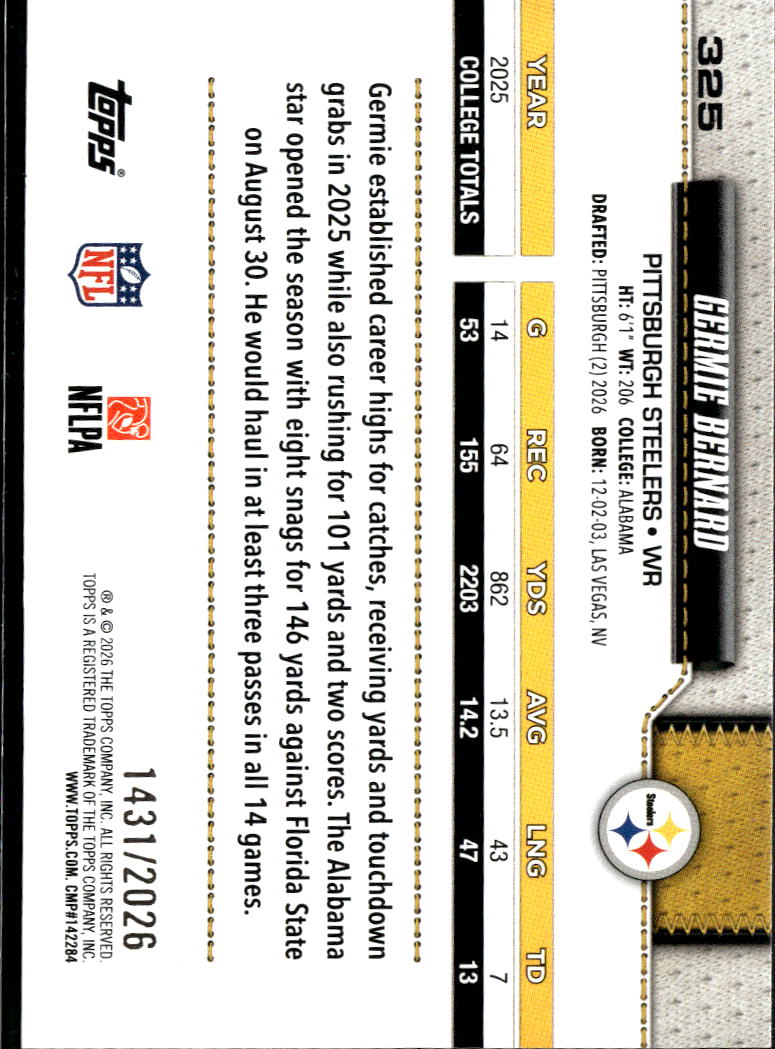 Germie Bernard 2026 Topps RC GOLD 1431/2026 Gold Pittsburgh Steelers