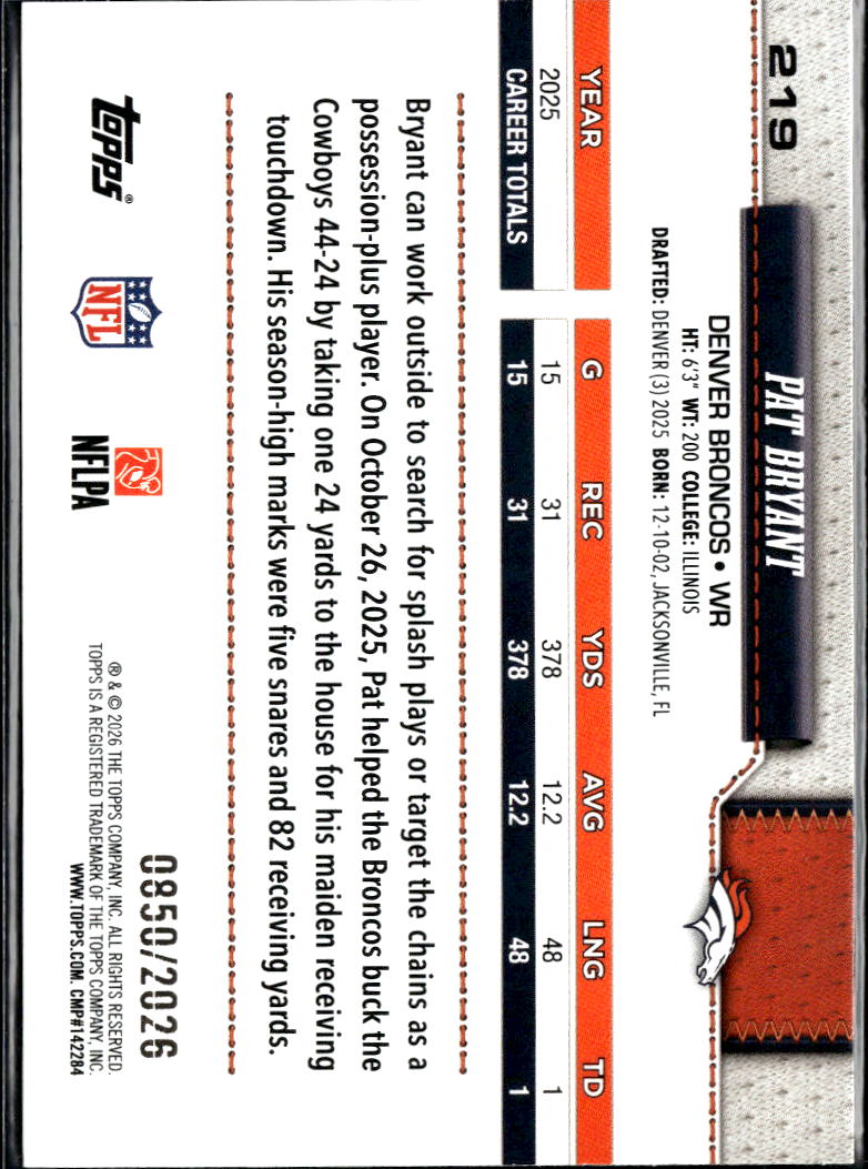 Pat Bryant 2026 Topps Football 850/2026 Gold Border Denver Broncos
