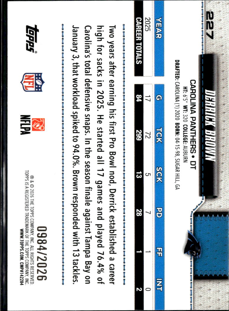 Derrick Brown 2026 Topps Gold 0984/2026 Carolina Panthers