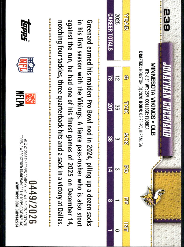 Jonathan Greenard 2026 Topps Gold 449/2026 Minnesota Vikings
